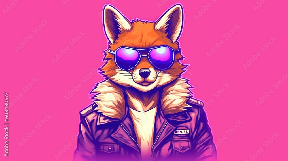  a red fox wearing sunglasses and a leather jacket with a pink background and a pink background with a pink background and a pink background with a pink background.  generative ai