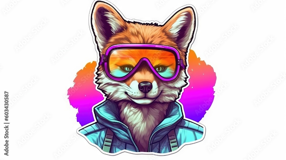  a sticker of a fox wearing goggles and a blue jacket with an orange and pink background with a splash of watercolor on it.  generative ai