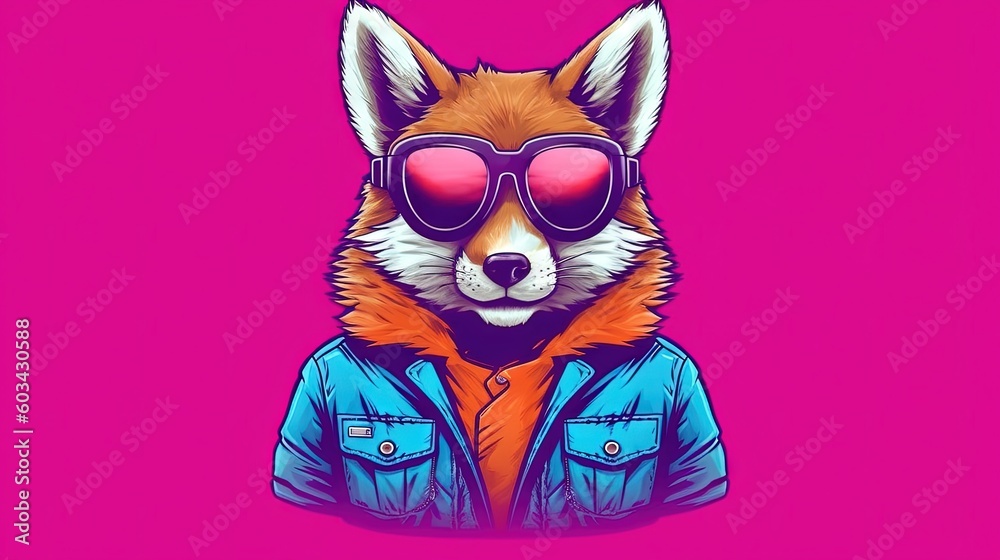  a red fox wearing sunglasses and a blue jacket on a pink background with a pink background and a pink background with a red fox wearing a blue jacket.  generative ai