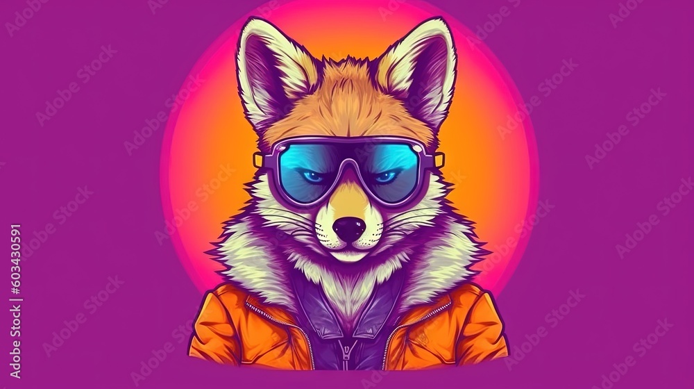  a fox wearing a jacket and sunglasses with a purple background and a pink circle around it with a yellow circle around it and a pink circle around it.  generative ai