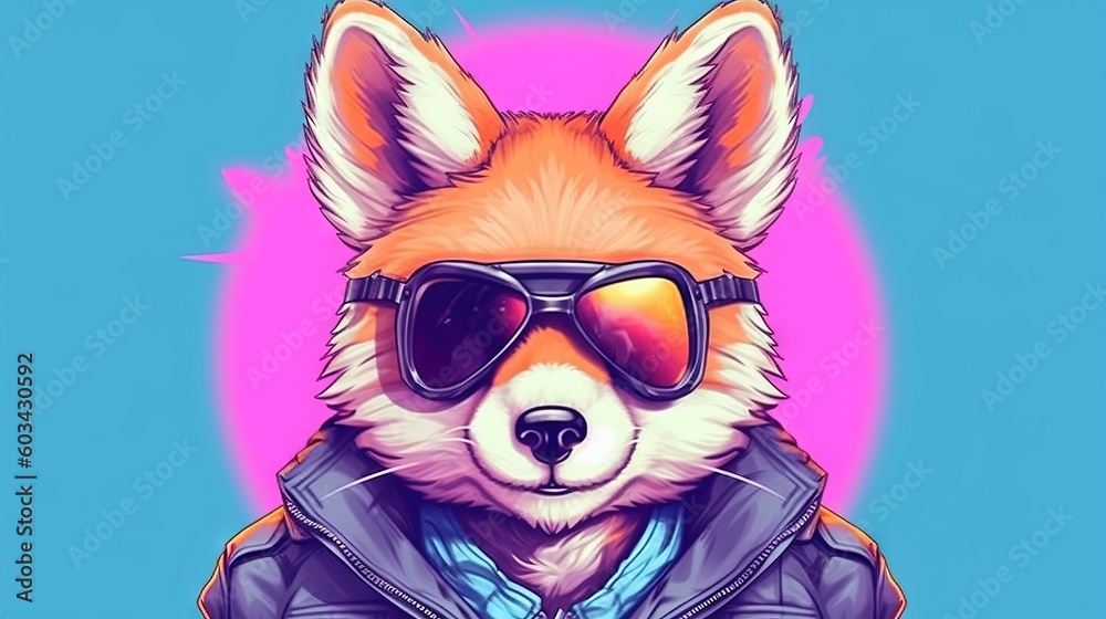  a drawing of a corgi wearing sunglasses and a leather jacket with a blue background and a pink sunburst in the background.  generative ai