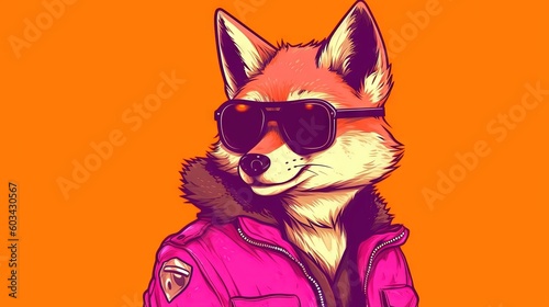  a drawing of a fox wearing sunglasses and a pink jacket with a fur collar and a hoodie on it's head, with an orange background.  generative ai © Nadia