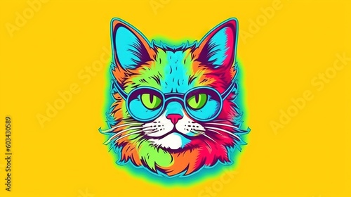  a colorful cat wearing glasses on a yellow background with the words cool cat on it's chest and the words cool cat on it's chest.  generative ai
