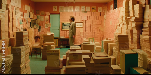 Man stands looking at large piles of paperwork in an office