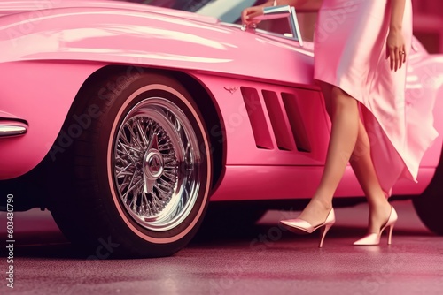 Gorgeous Woman Leg Pink Sports Car Background Generative AI