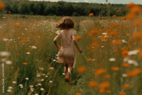 Girl runs through a wild meadow, child running through a field