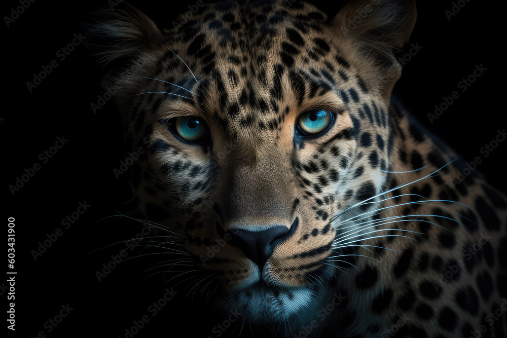 leopard, black background, hyperrealistic photography, ai generated