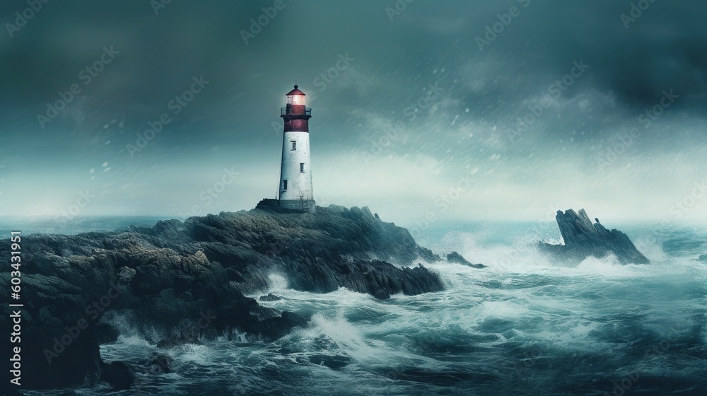  a lighthouse in the middle of the ocean with a stormy sky above it and waves crashing around the lighthouse and rocks in the foreground.  generative ai