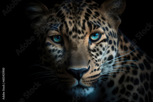 leopard, black background, hyperrealistic photography, ai generated