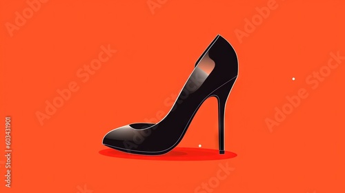  a black high heeled shoe sitting on top of a red floor next to an orange background with a small dot of light coming from the bottom. generative ai