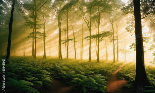 Lush forest at sunrise. Generative AI