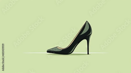  a black high heeled shoe on a light green background with a shadow on the ground and a light green background with a shadow on the bottom. generative ai