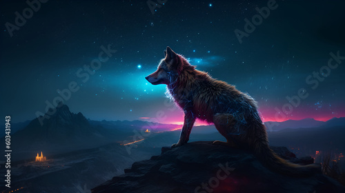 Wolf Watching a Beautiful Galaxy On The Mountain. Generative AI