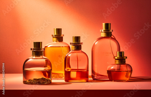 four small bottles on a pink background