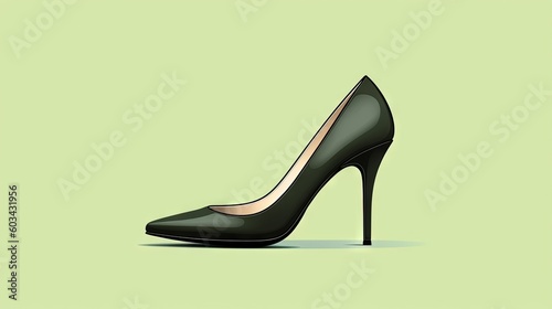  a black high heeled shoe on a light green background with a black heel on the bottom of the shoe is a light green background.  generative ai