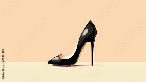  a black high heeled shoe on a beige surface with a light pink background and a shadow of a woman's shoe on the floor. generative ai