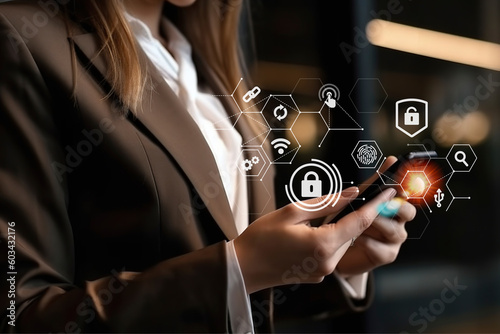 Cybersecurity, privacy, business confidentiality, data protection. Business women using cellphone with secure encryption technology, security Internet access security encryption of user private data. 