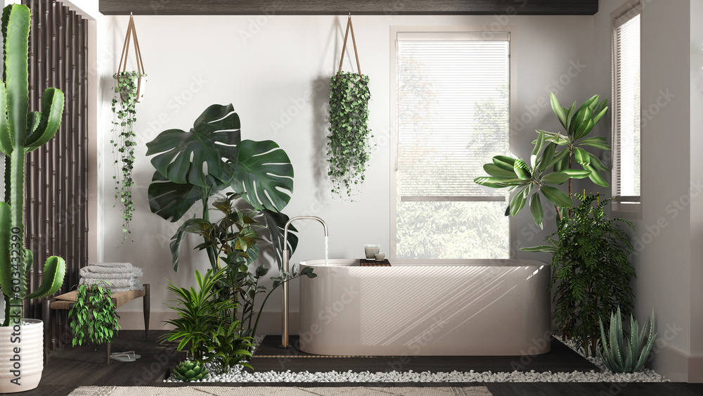 Modern dark wooden bathroom in white and beige tones with freestanding ...
