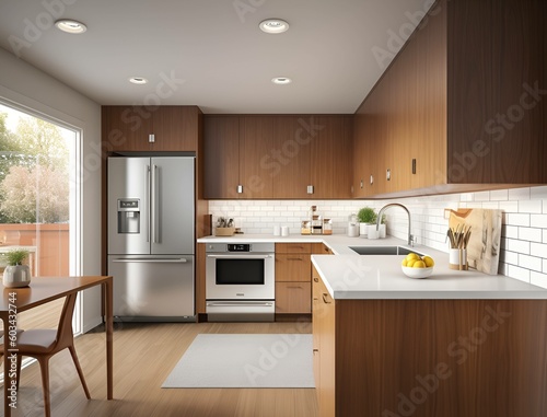 cozy well designed modern kitchen interior with appliances and dining table