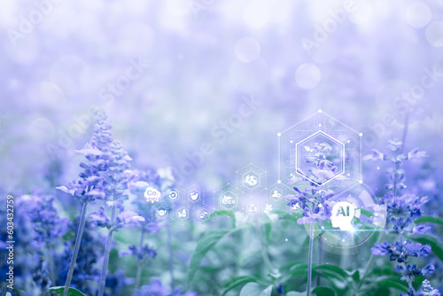 IOT with Futuristic ai technology concept icon on blured nature background, Sustainable, energy, medicine, Natural herbal remedies, Application, agriculture, Metaverse, big data, report, analysis.