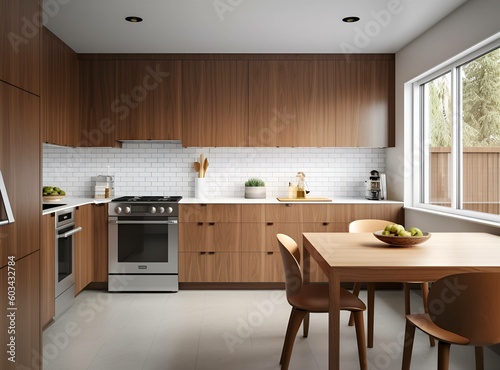 cozy well designed modern kitchen interior with appliances and dining table © Brixq
