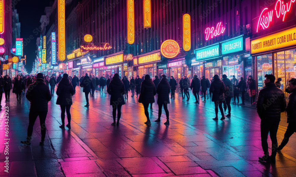 Bustling city street at night. Generative AI