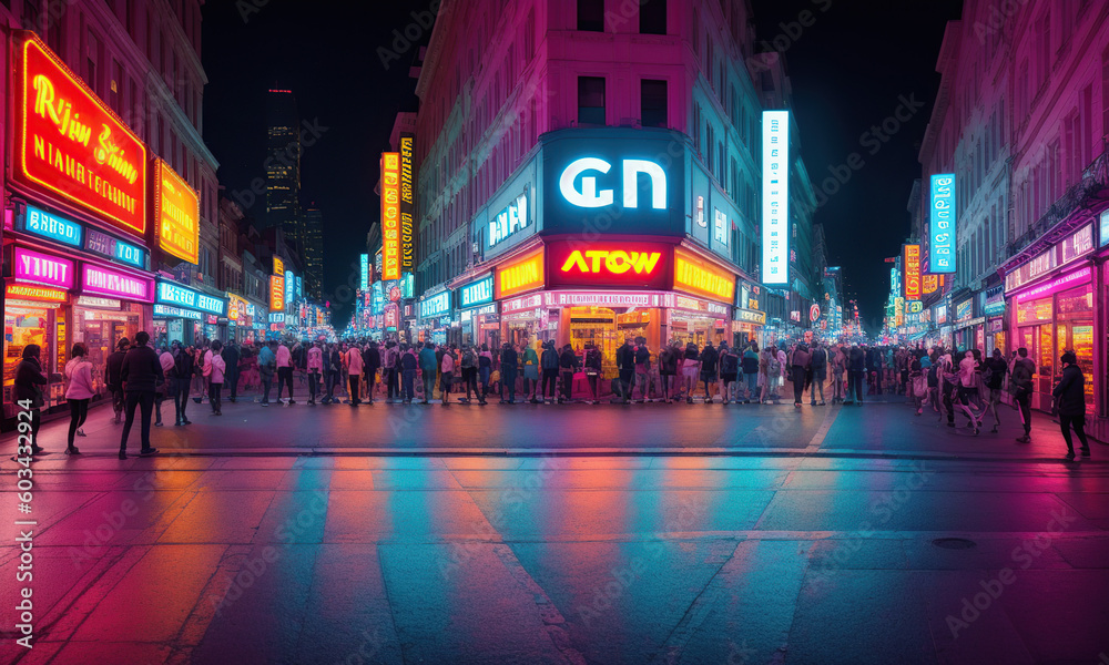 Bustling city street at night. Generative AI