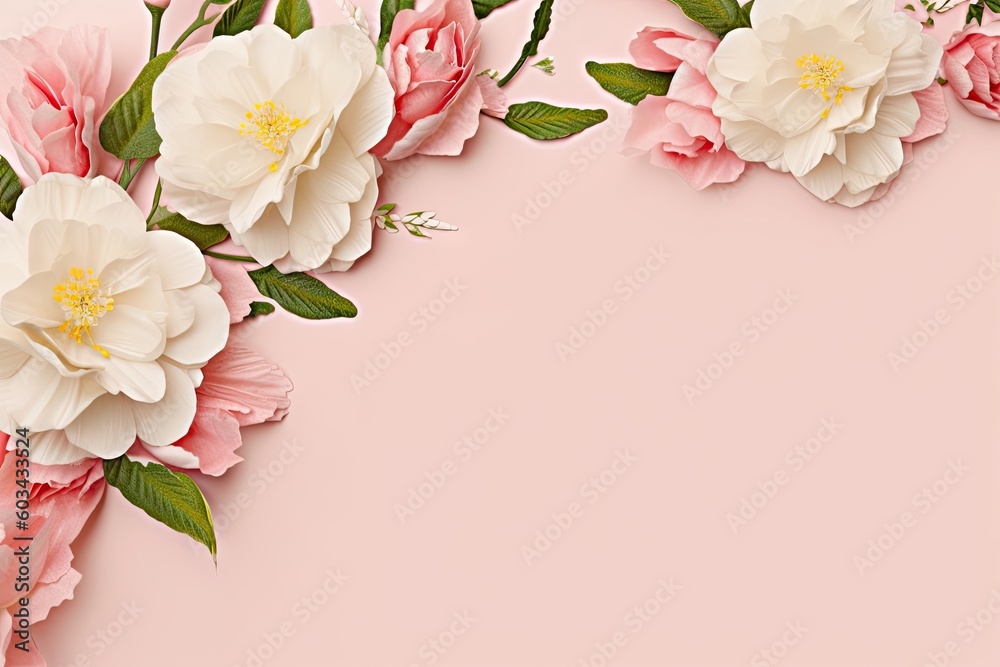Romantic Card with Pink and White Floral Design. Spring Wedding Background. Generative AI illustrations. Romantic Card with Pink and White Floral Design. Spring Wedding Background. Generative AI illustrations.