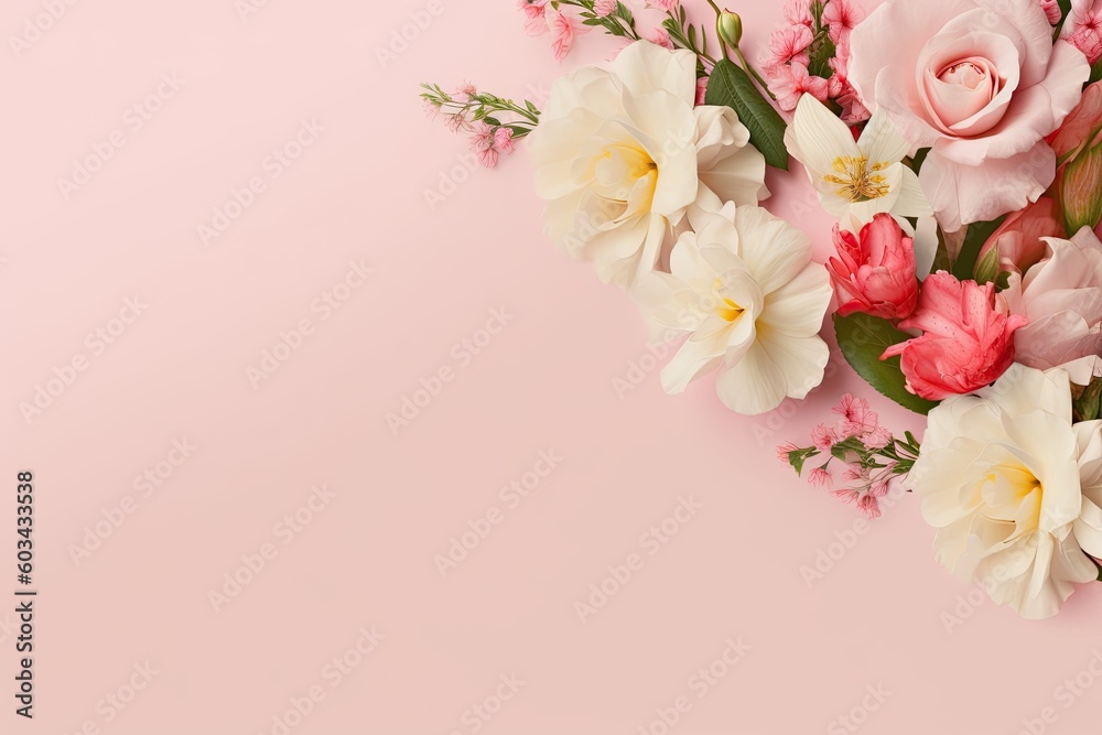 Romantic Card with Pink and White Floral Design. Spring Wedding Background. Generative AI illustrations.