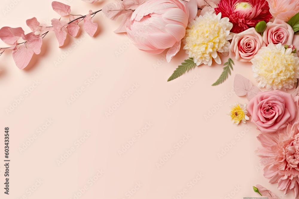 Romantic Card with Pink and White Floral Design. Spring Wedding Background. Generative AI illustrations. Romantic Card with Pink and White Floral Design. Spring Wedding Background. Generative AI illustrations.