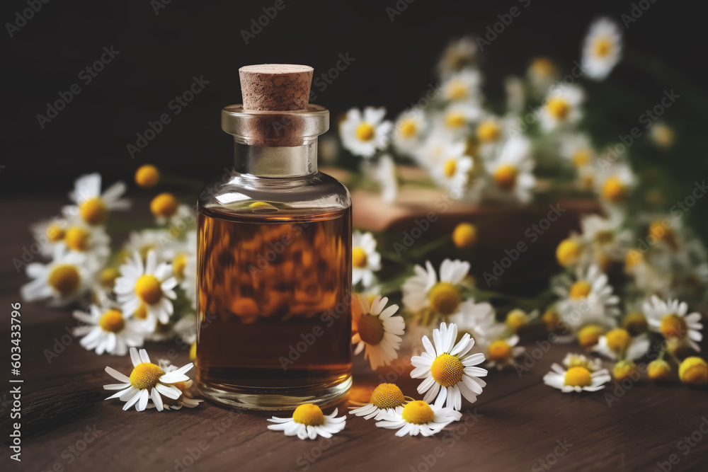 Fragrant Chamomile Essential Oil in small glass bottle with fresh Camomile Flowers on dark wooden background. Beauty treatment, Spa concept. Generative AI. Fragrant Chamomile Essential Oil in small glass bottle with fresh Camomile Flowers on dark wooden background. Beauty treatment, Spa concept. Generative AI.
