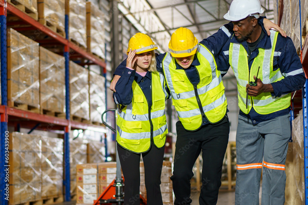 Male warehouse worker have an accident during working in the storage warehouse and his friends come to help or assist him and taking him to the safety area. Male warehouse worker have an accident during working in the storage warehouse and his friends come to help or assist him and taking him to the safety area.