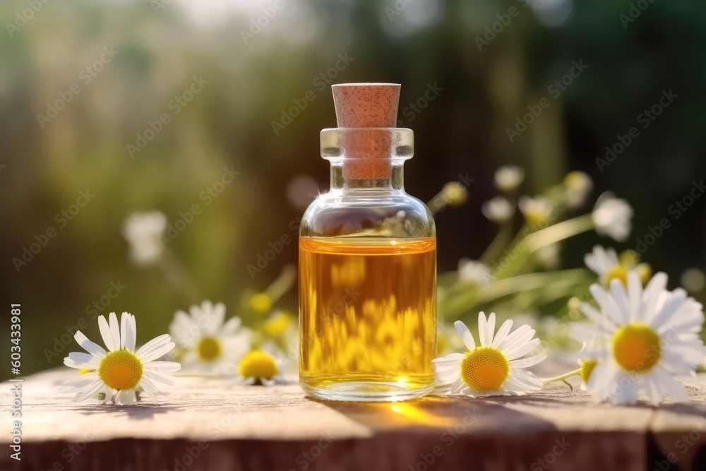 Fragrant Chamomile Essential Oil in small glass bottle with fresh Camomile Flowers on wooden table with blurred Summer garden background. Beauty treatment, Spa concept. Generative AI. Fragrant Chamomile Essential Oil in small glass bottle with fresh Camomile Flowers on wooden table with blurred Summer garden background. Beauty treatment, Spa concept. Generative AI.