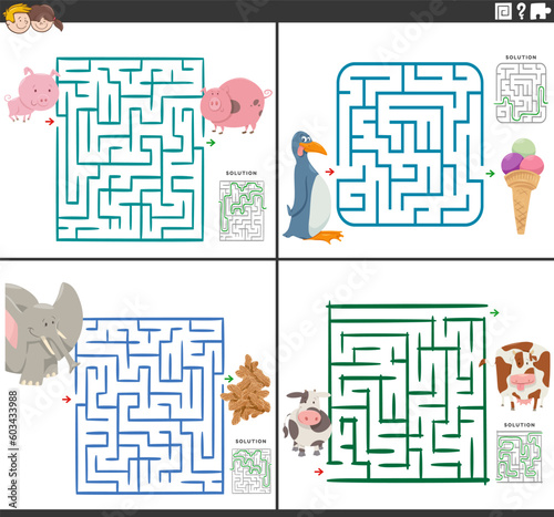 maze activity games set with funny cartoon animal characters