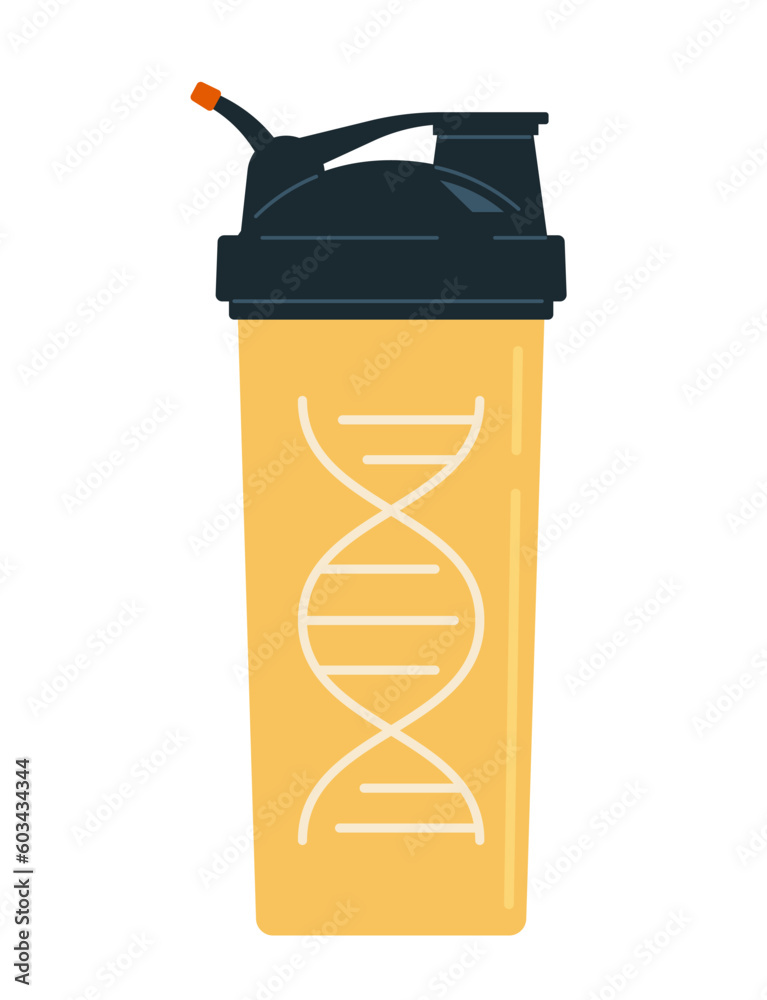 Yellow shaker for sport cocktail with logo of the genetic spiral. Isolated white background. Modern flat illustration Yellow shaker for sport cocktail with logo of the genetic spiral. Isolated white background. Modern flat illustration
