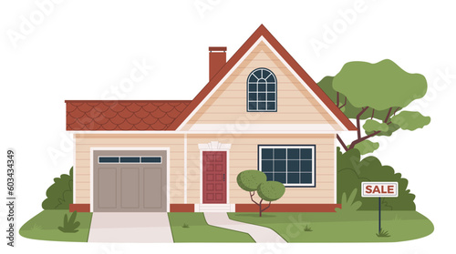 Cozy house with garage for sale. Isolated white background. Modern flat cartoon illustration