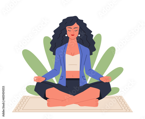 Young business woman in a lotus position on a rug. Isolated white background. Modern flat cartoon illustration