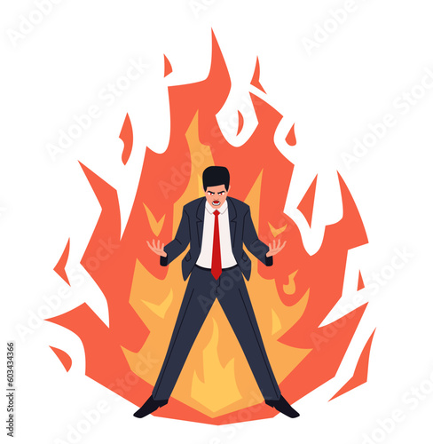 Young businessman in a fit of rage against the background of a blazing fire. Isolated white background. Modern flat cartoon illustration