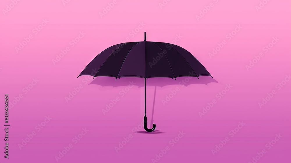  a purple umbrella with a black handle on a pink background with a shadow of a person holding a black umbrella in the middle of the image.  generative ai