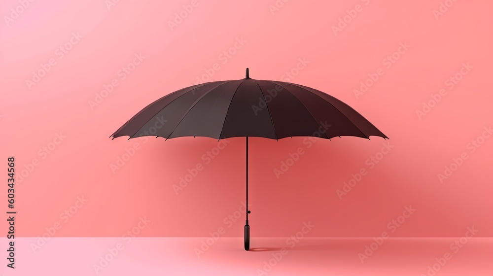  a black umbrella on a pink background with a shadow on the ground and a pink wall behind it, with a shadow on the floor.  generative ai