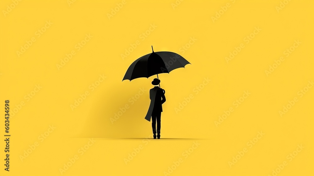  a person standing under an umbrella on a yellow background with a black suit and tie on, and a yellow background with a black suit and white umbrella.  generative ai
