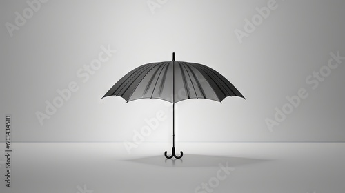  a black umbrella with a black handle on a white floor with a gray background and a light gray wall in the corner of the room. generative ai