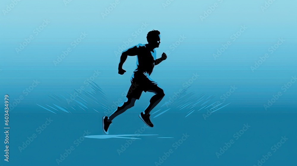  a silhouette of a man running on a blue background with a splash of water in the foreground and a blue sky in the background.  generative ai