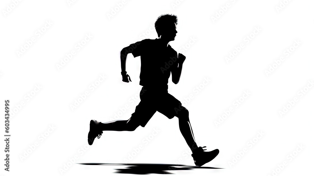  a silhouette of a man running on a white background in a black and white photo with the shadow of a man running on a white background.  generative ai