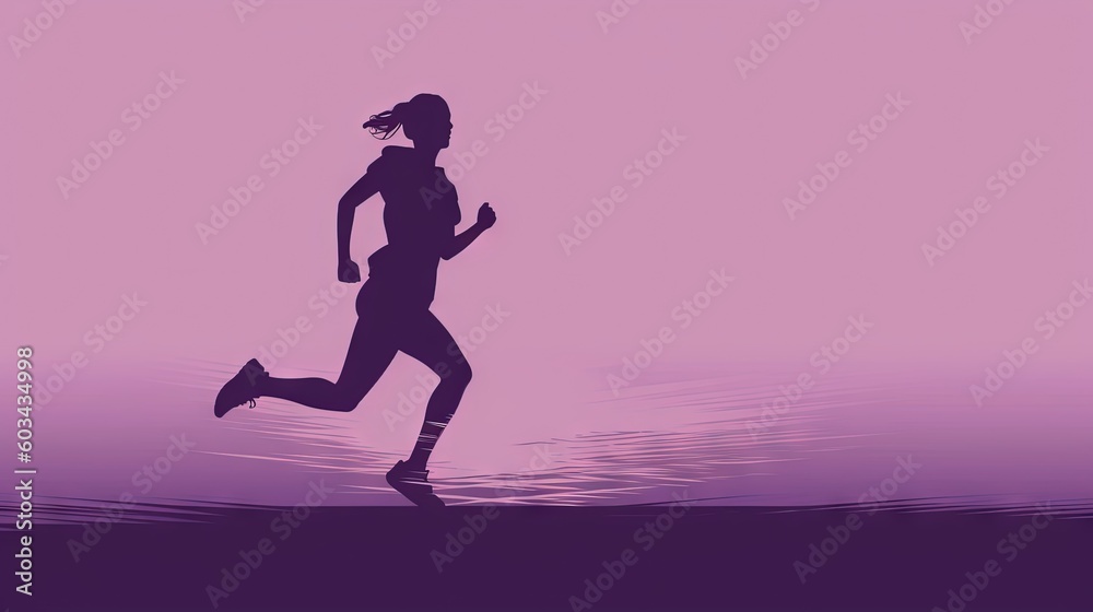  a silhouette of a woman running on a beach at dusk or dawn with a pink sky in the background and a purple hued background.  generative ai