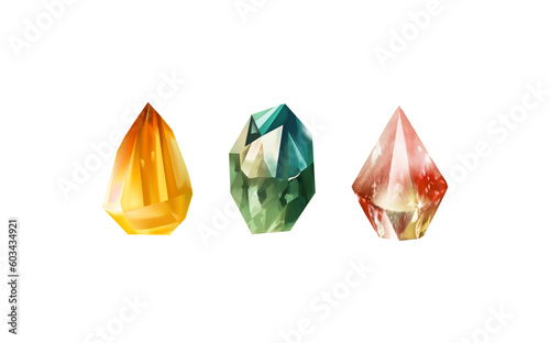 A collection of images of diamonds of various geometric shapes, colors and sizes.Glass shiny crystals with different shades reflecting light.Vector realistic set of glow gemstone or colorful ice.