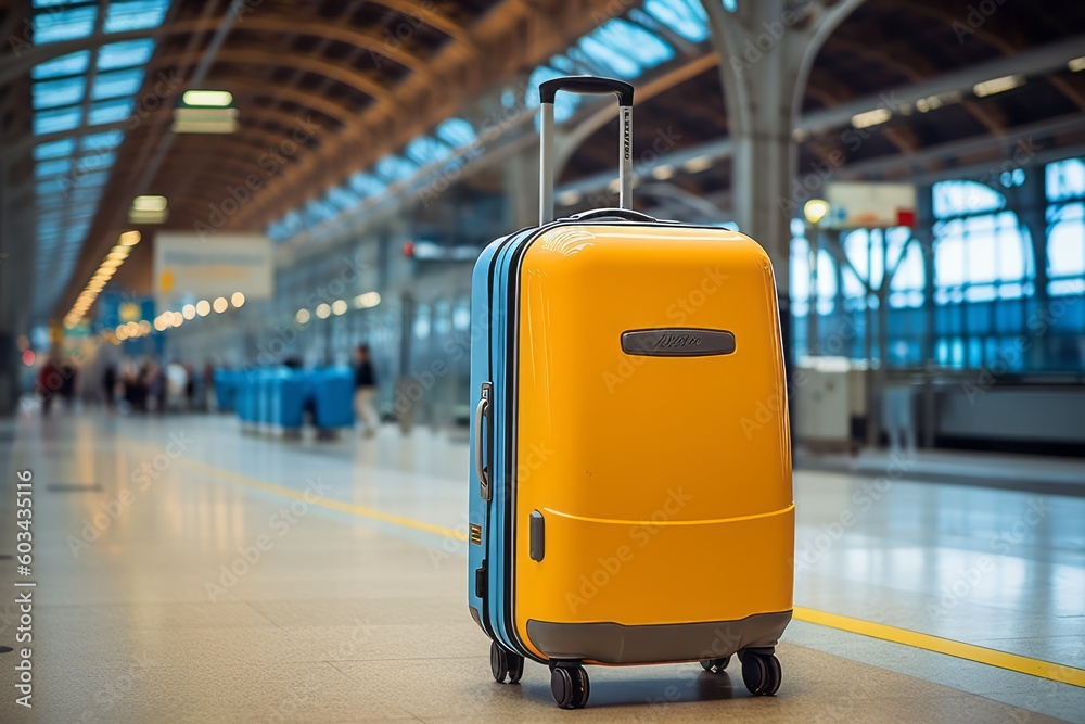 Modern stylish suitcases standing at the railway station. Travel by train. Generative Ai