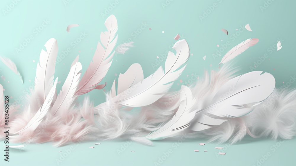 Naklejka premium White feathers falling on a solid background of pastel shades. Image generated by AI.