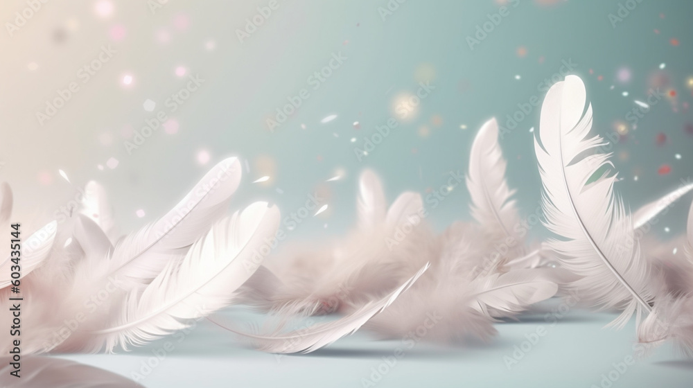 Naklejka premium White feathers falling on a solid background of pastel shades. Image generated by AI.