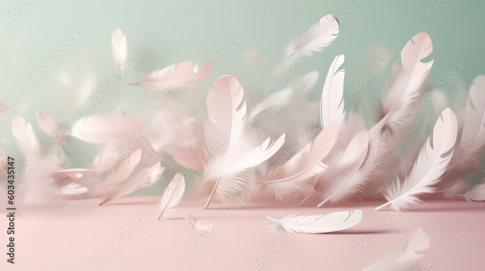 White feathers falling on a solid background of pastel shades. Image generated by AI. White feathers falling on a solid background of pastel shades. Image generated by AI.